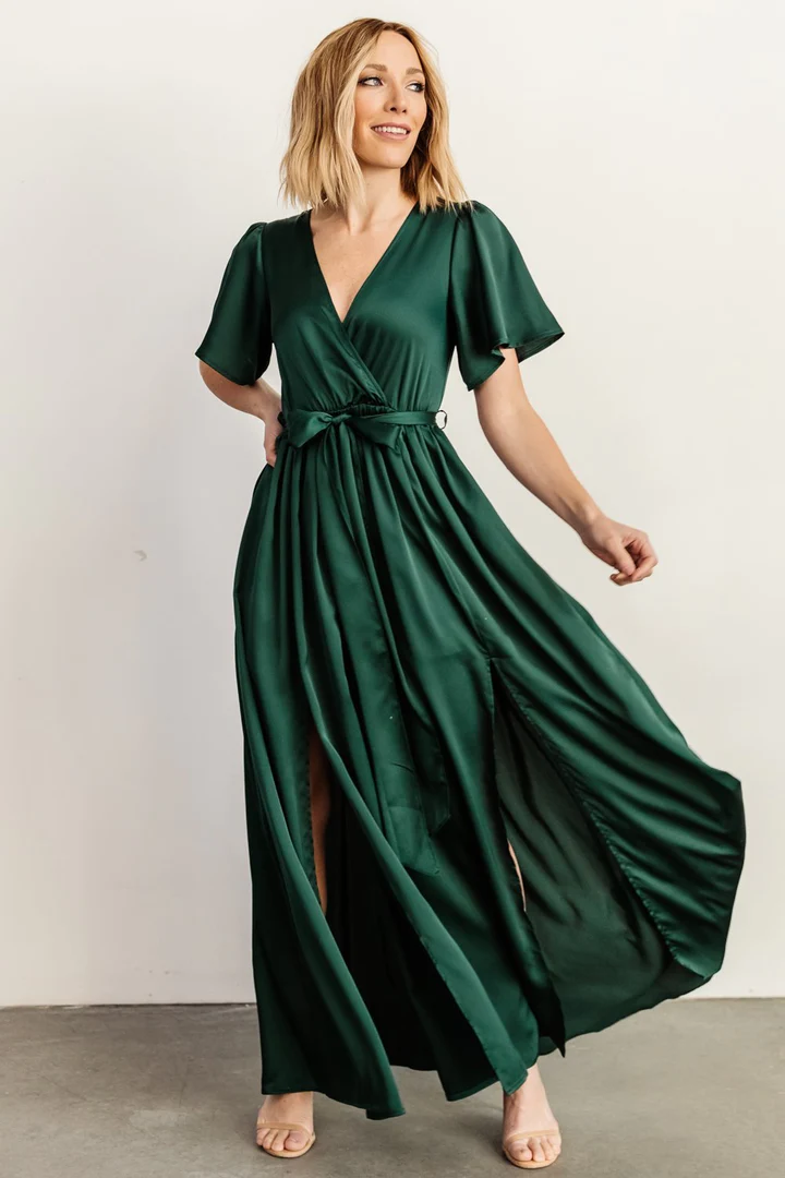 wrap maxi dress in satin fabric flowy