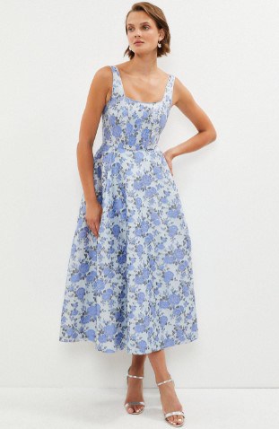 rose patterned blue and white dress