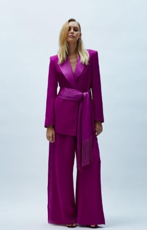 bright pinky purple trouser suit