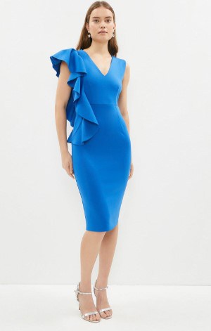 tight fitting cobalt blue dress with waterfall detail