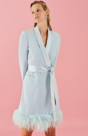 light blue tuxedo dress with feather detail on bottom