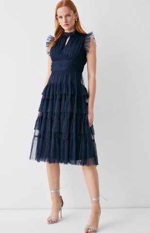 navy mother of the bride dress with frill skirt detail