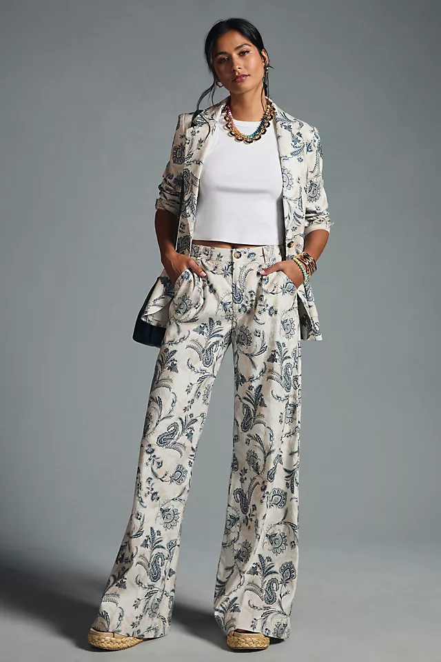 white and blue patterned pant suit