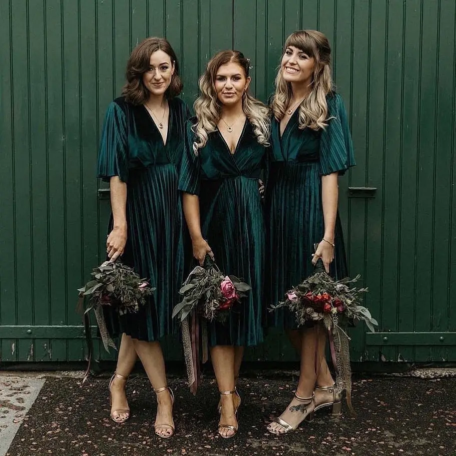 velvet bridesmaid in forest green