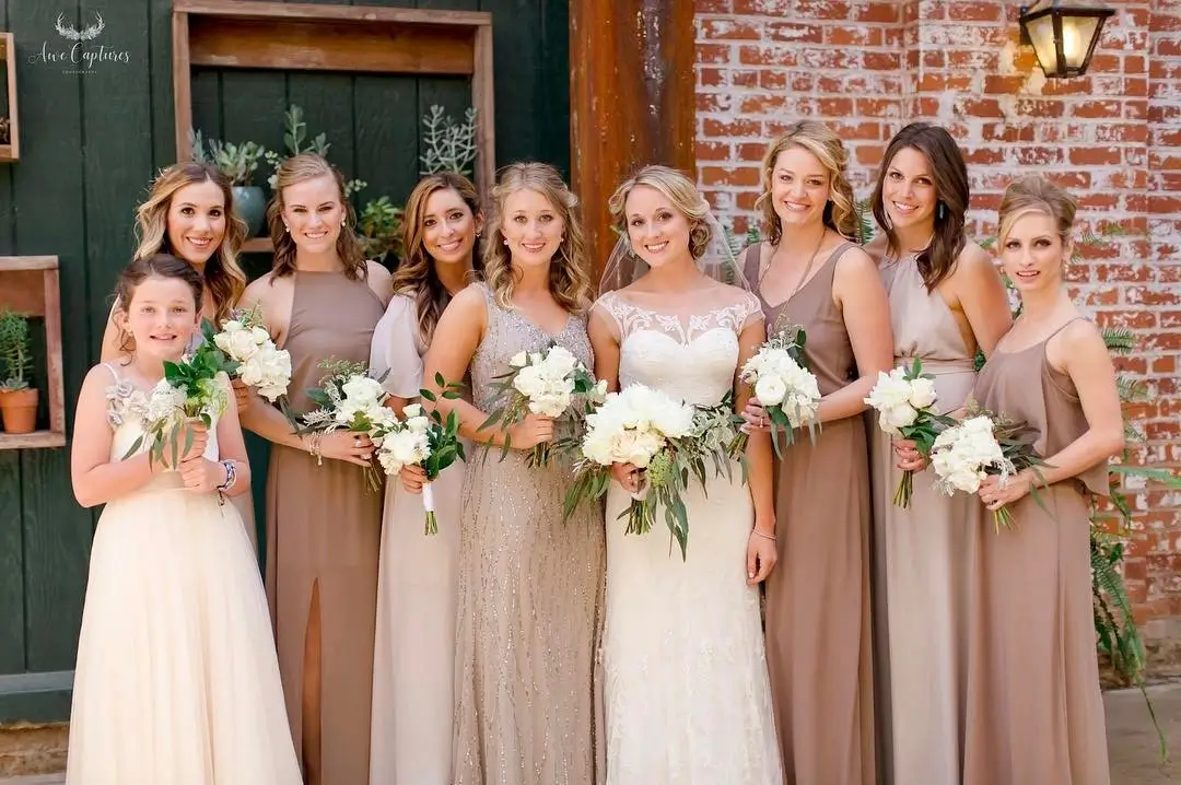 brown and champagne bridesmaids