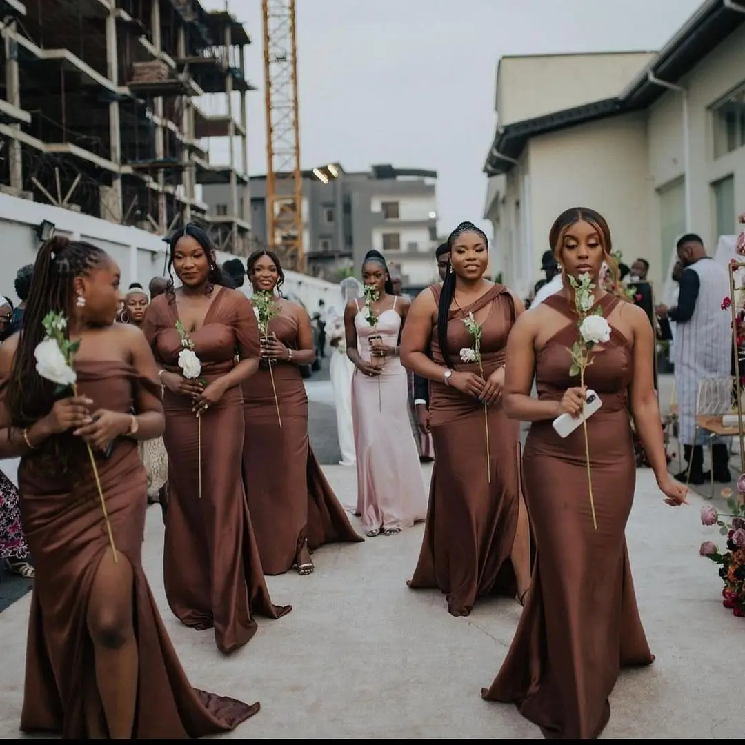 bridesmaid in brown different style dresses