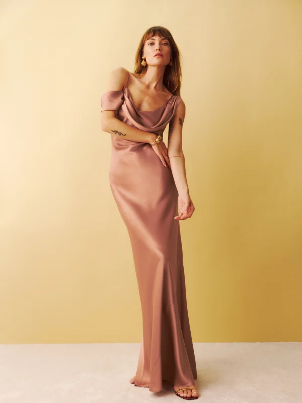 rose coloured asymmetrical neckline with one shoulder