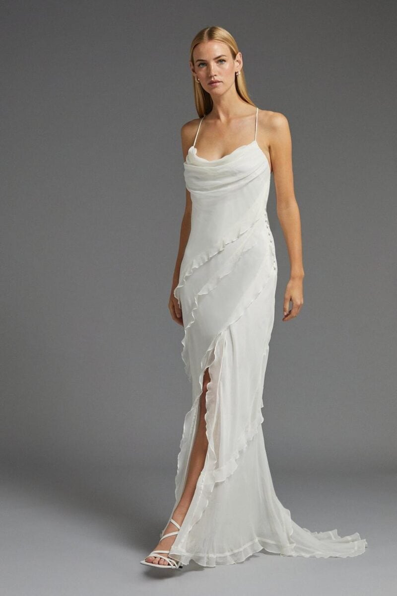 loose fit slip wedding dress with ruffle detail on skirt