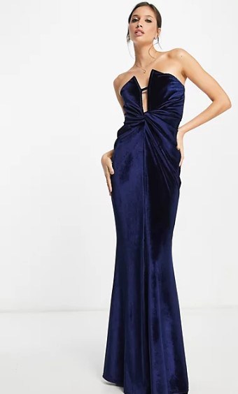 dark blue maxi fishtail velvet dress strapless