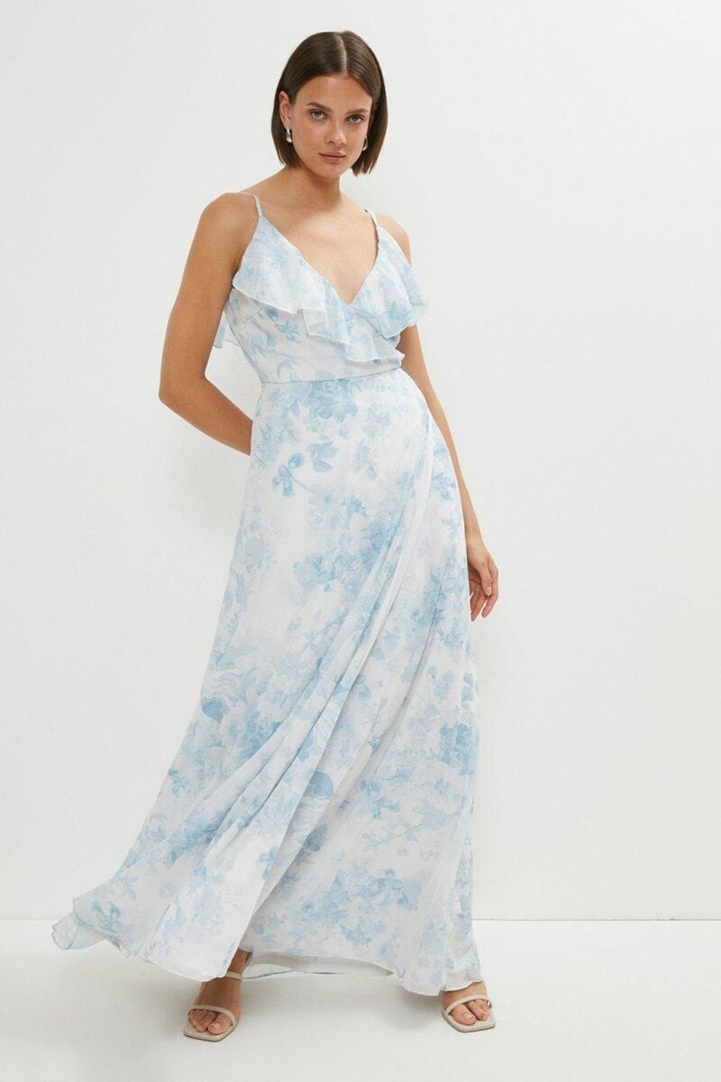 blue and white patterned maxi dress