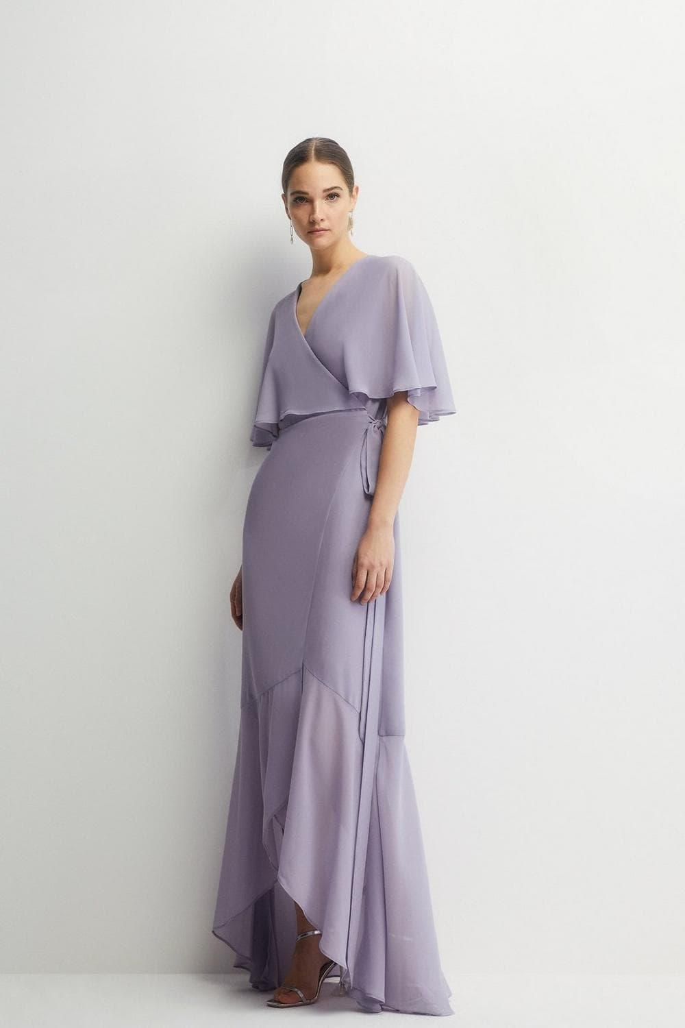 cape sleeve lilac bridesmaid dress chiffon