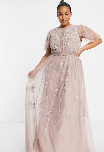 chiffon maxi dress in light pink with floral embellishments allover 