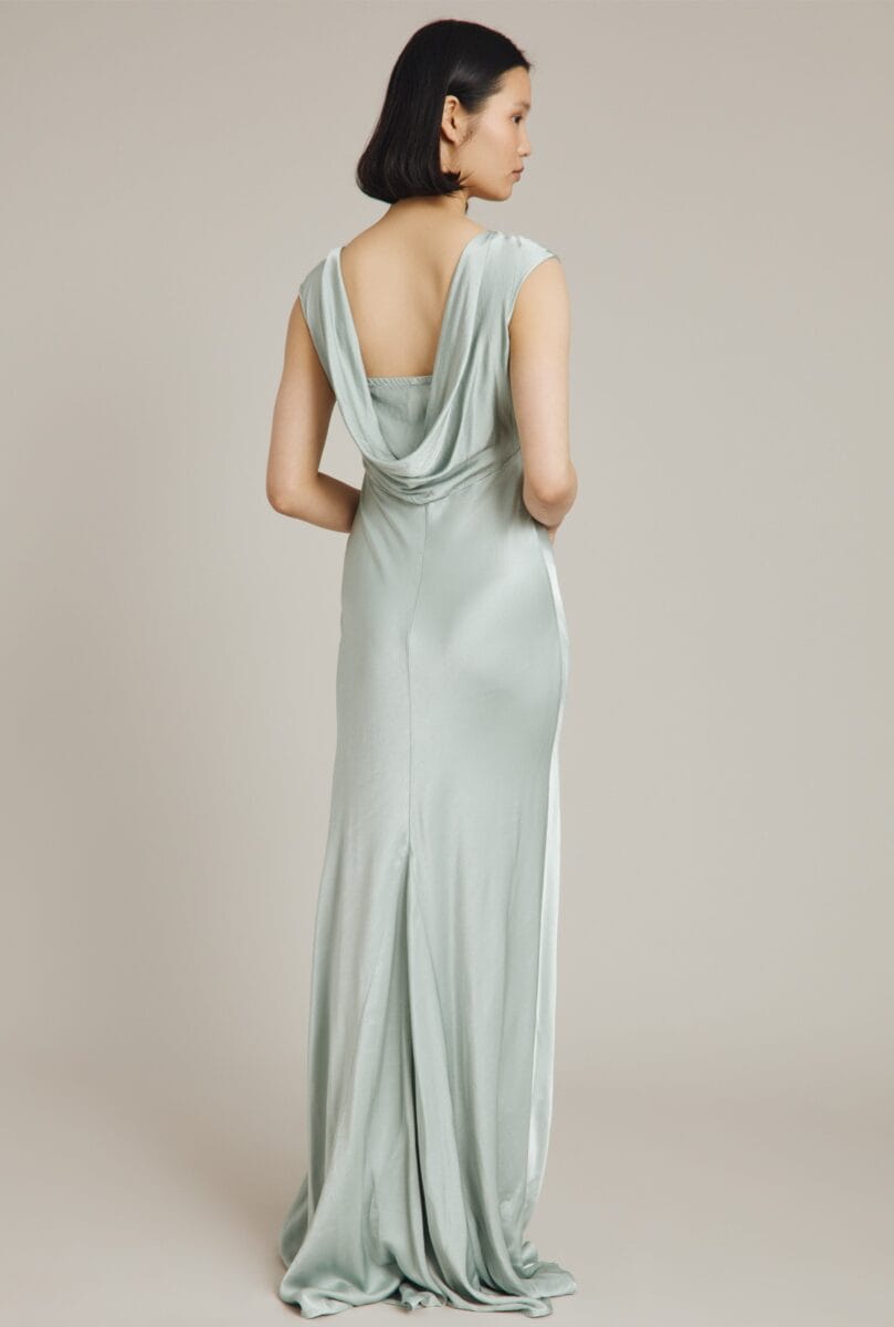 back of a spring bridesmaid dress with low cowl neck detail