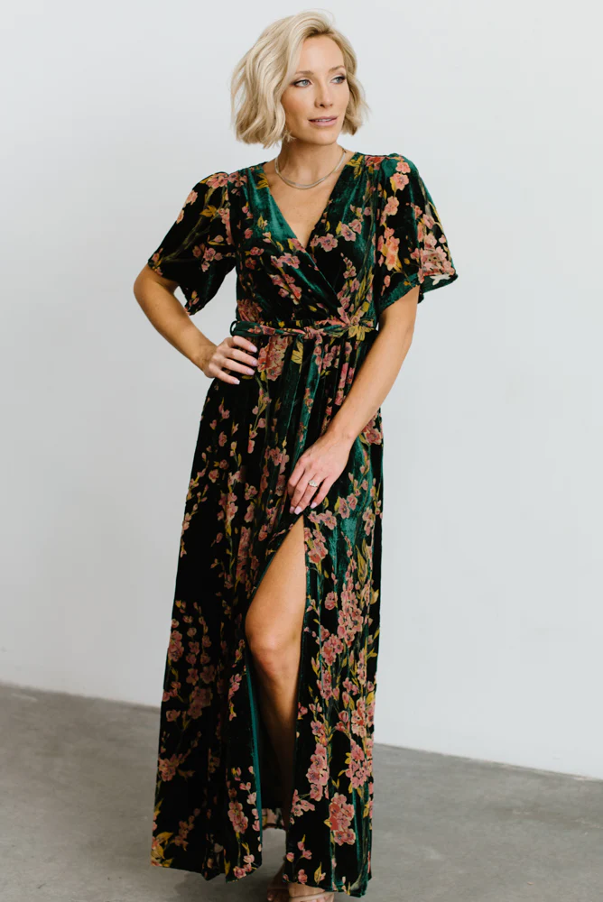 dark floral pattern velvet maxi wrap dress