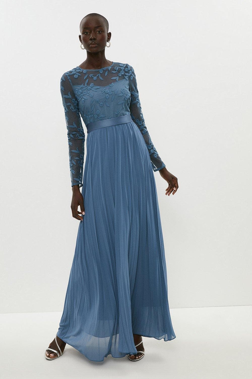dusty blue lace and chiffon bridesmaid dress
