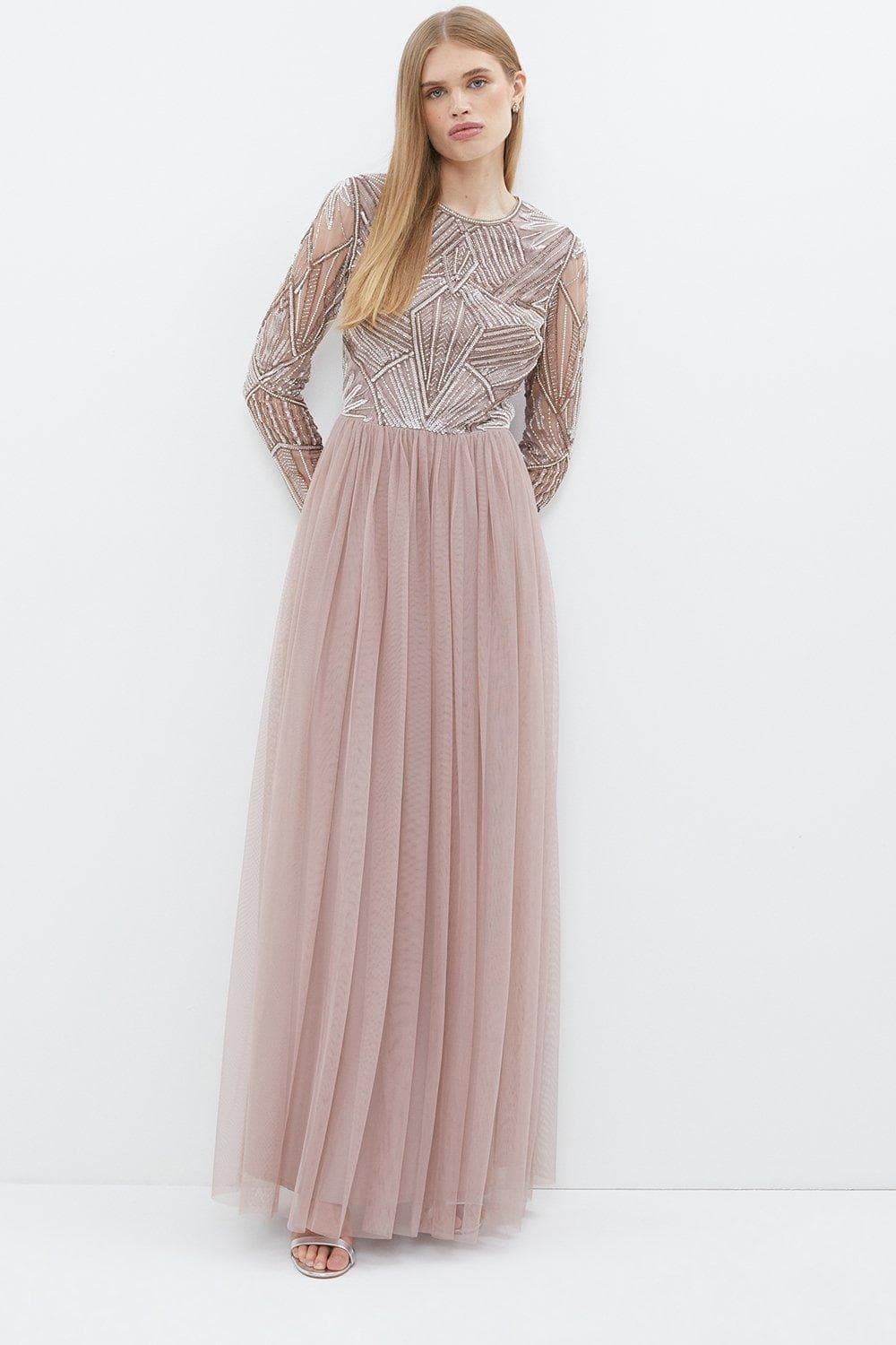 ink embellished top and chiffon skirt with long bridesmaid dress