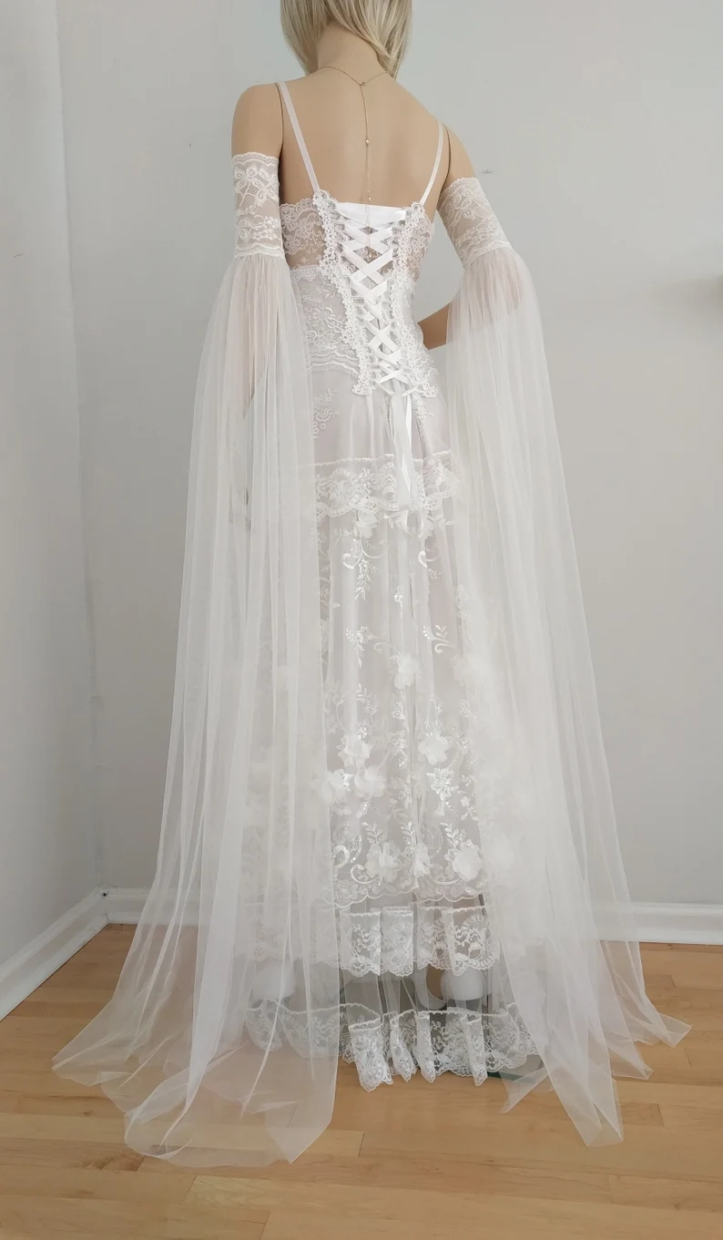 floor length removable lace and tulle sleeves