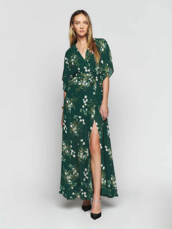 floral printed maxi wrap forest green bridesmaid dress
