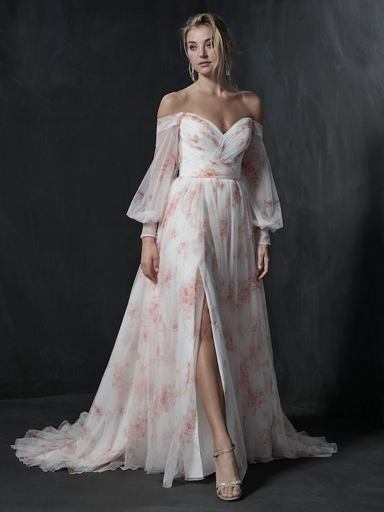 puff sleeve wedding dress with floral pattern
