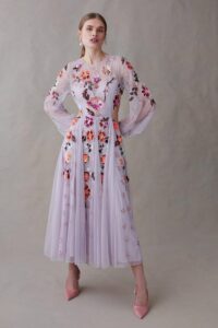 floral embellished long sleeve bridesmaid dress