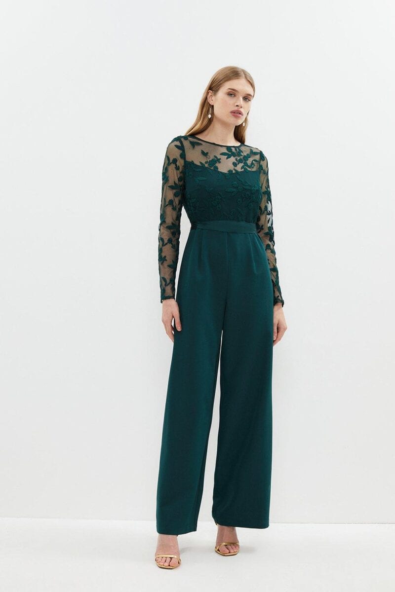 lace top wide pant forest green bridesmaid jumpsuit