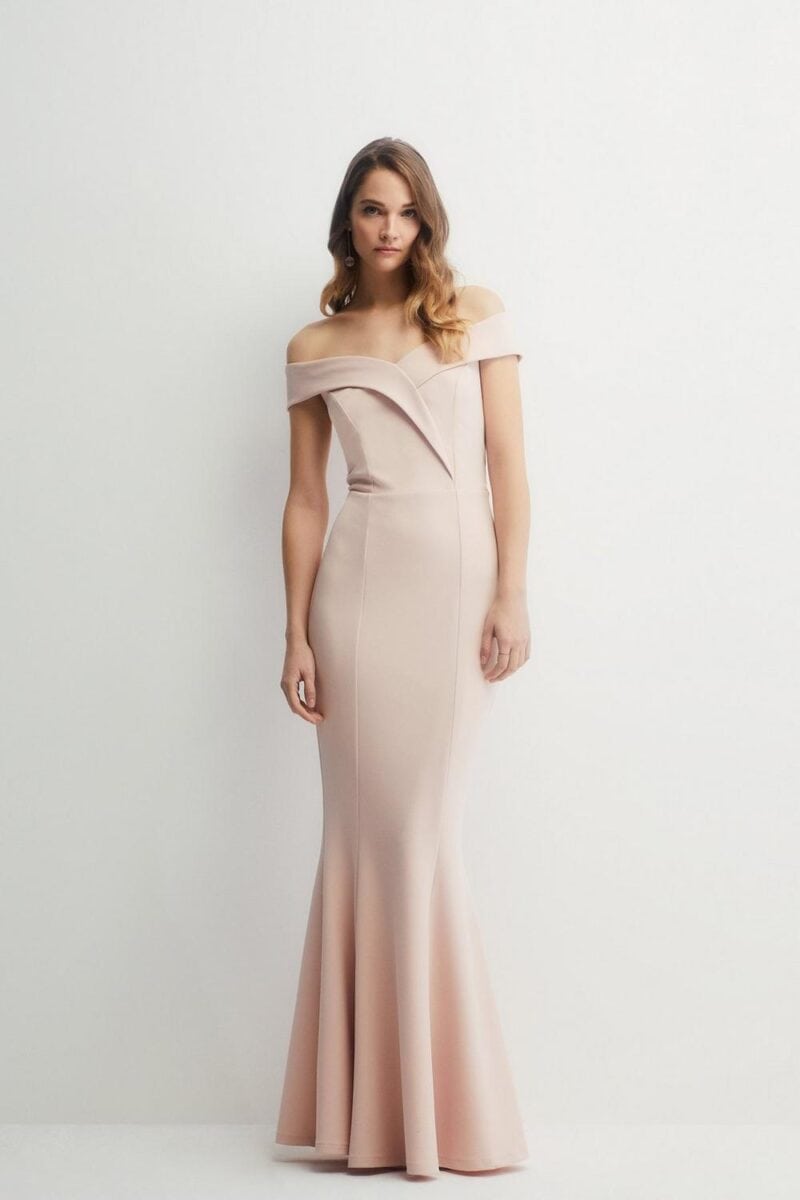 fishtail off the shoulder rose coloured bridesmaid dress