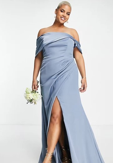 off the shoulder a-line fitted blue bridesmaid dress