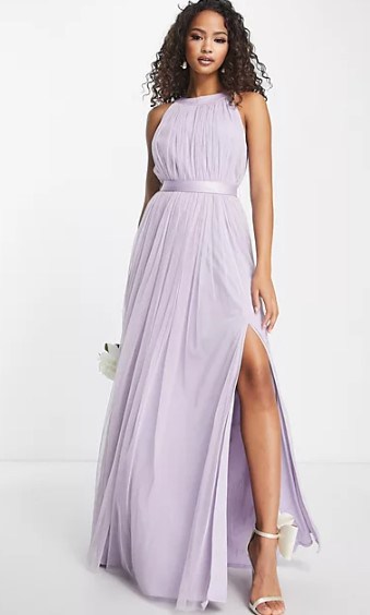 halter neck pleated maxi lilac dress