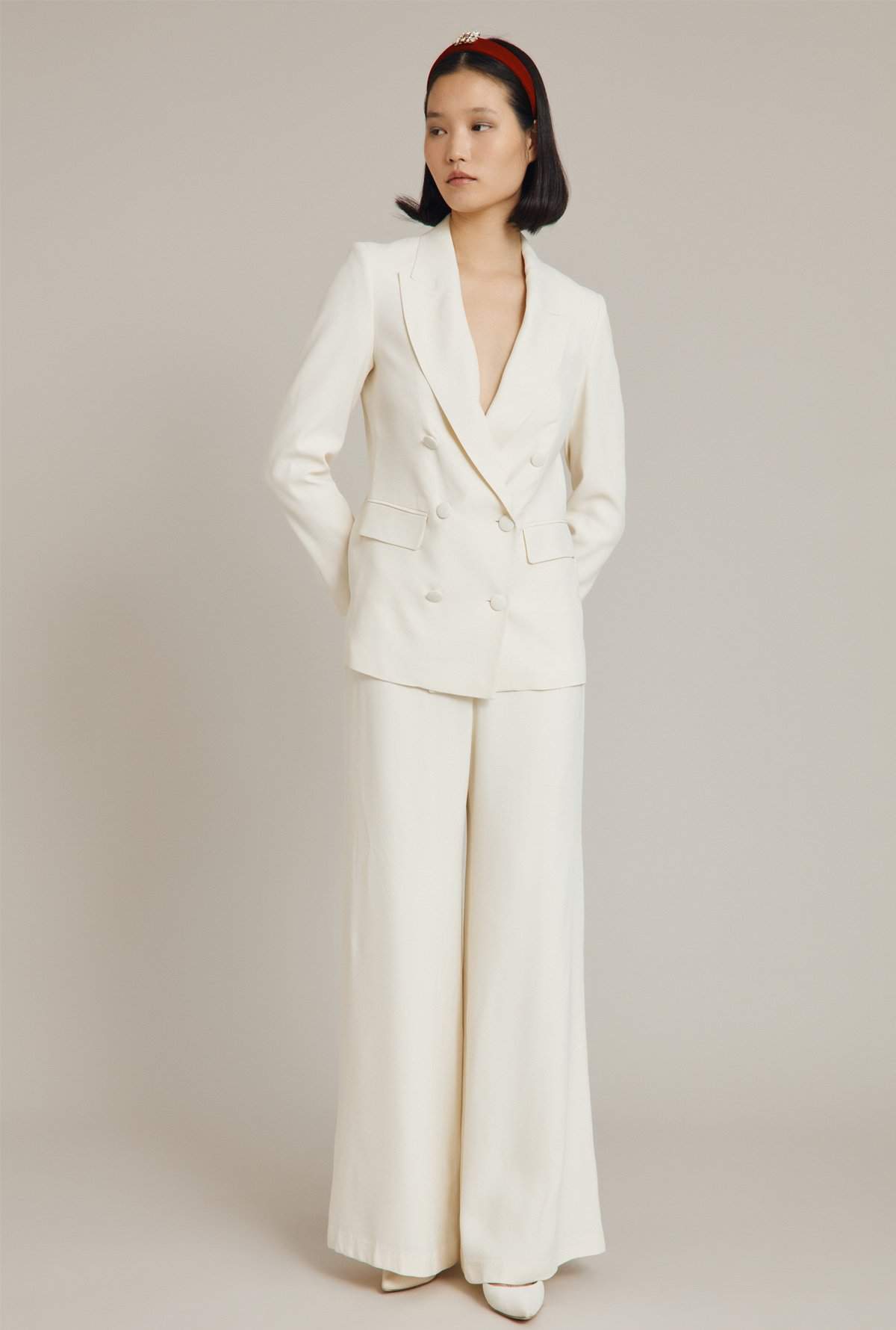 crepe ivory suit, double breasted jacket and pants