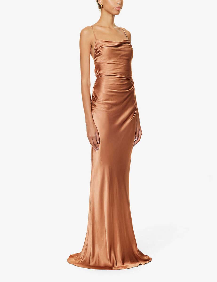 light copper slip dress with ruched detail