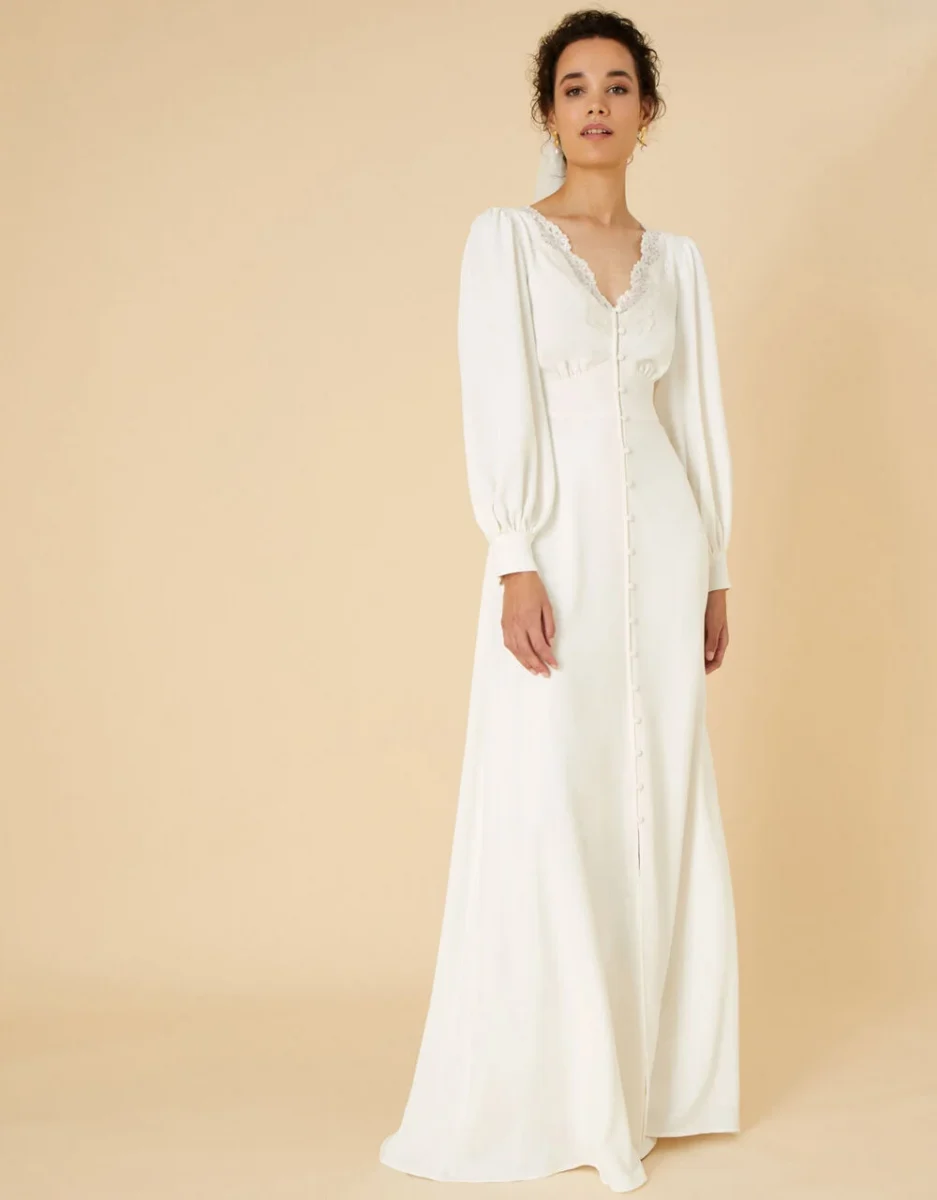 long sleeve aline wedding dress with button detail all the way down the front