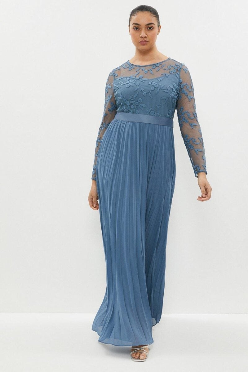light blue bridesmaid dress with lace top and pleated skirt