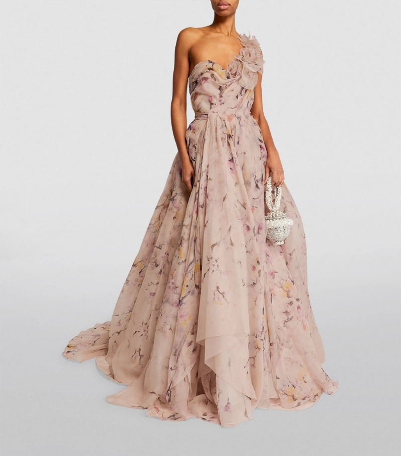 one shoulder pink floral pattern wedding dress