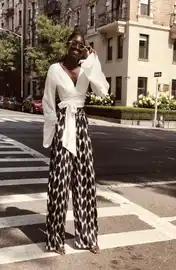 black and white bold pattern pants with white simple top