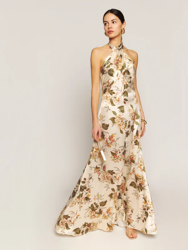 halter neck floral patterned champagne maxi dress