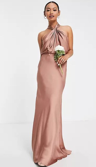 a light copper, more rose gold satin maxi dress
