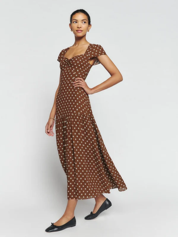 polka dot brown and white patterned brown dress