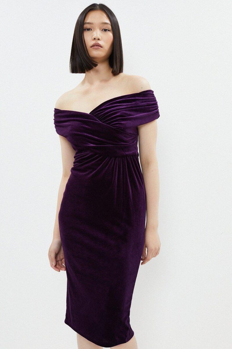 purple knee length bardot velvet dress