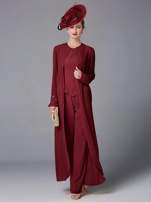 red pantsuit with floor length jacket