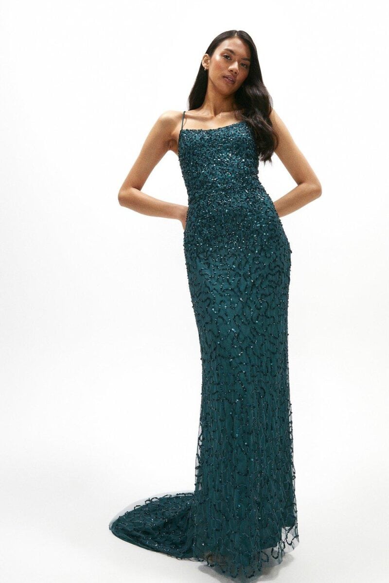 all sequin slip style forest green dress