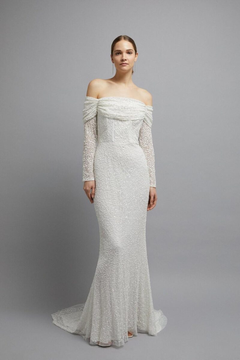 bardot long sleeve sequin fishtail high street wedding dress