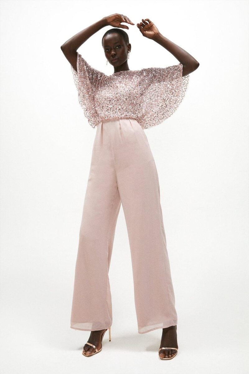 light blush jumpsuit with sequin overlay top