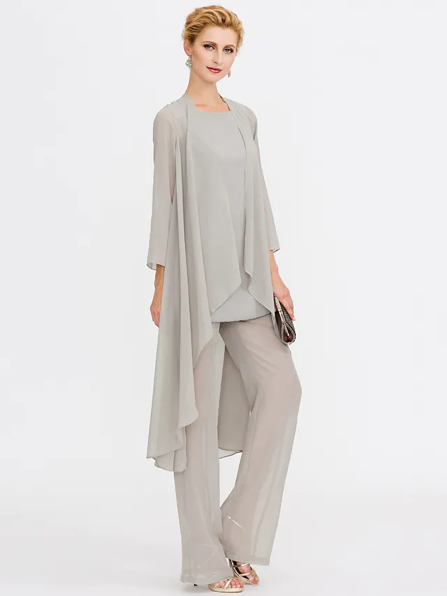 chiffon top and trouser suit in light grey