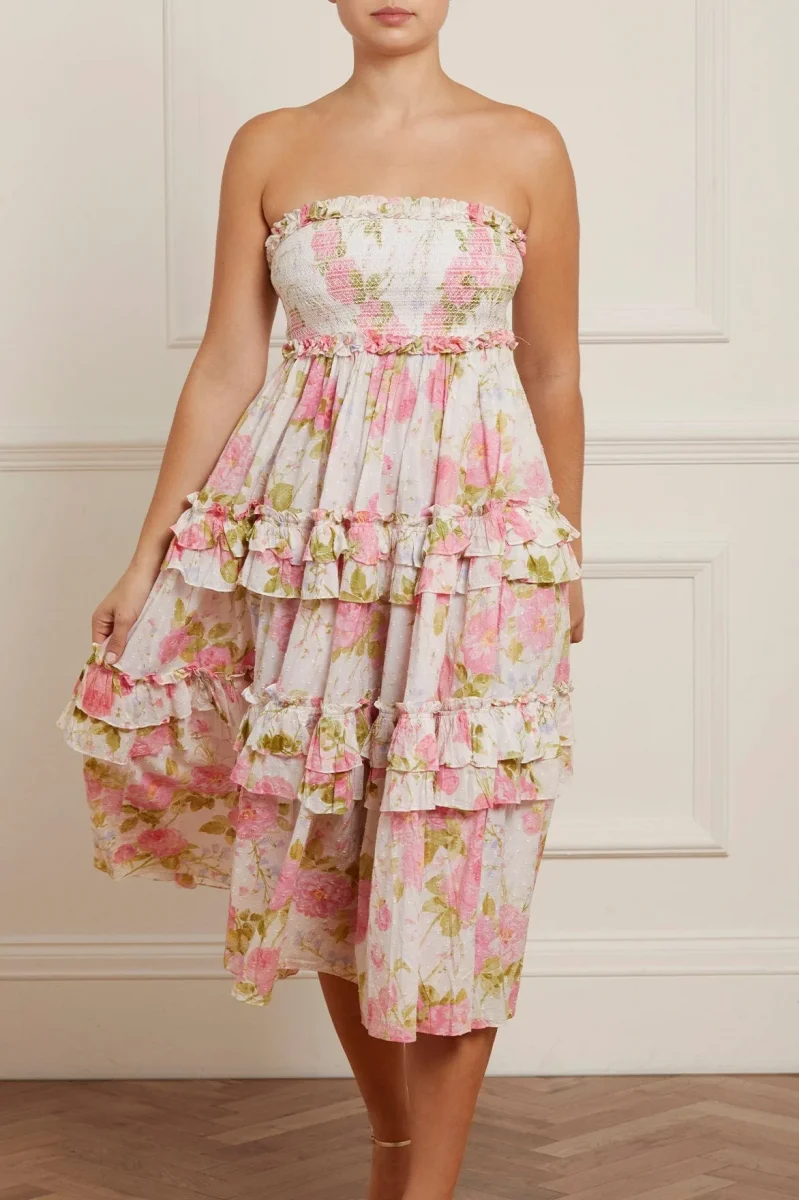 floral midi dress in pink and white