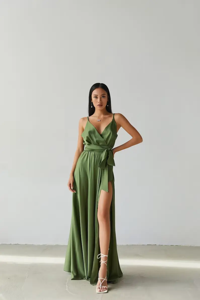 bridesmaid in olive green dress with high split tied waist detail