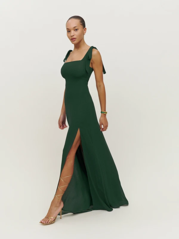 simple cut thick strap forest green bridesmaid dress
