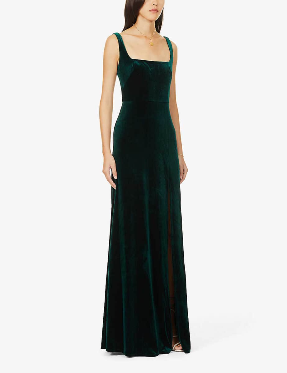 velvet square neck a line maxi dress in forest green