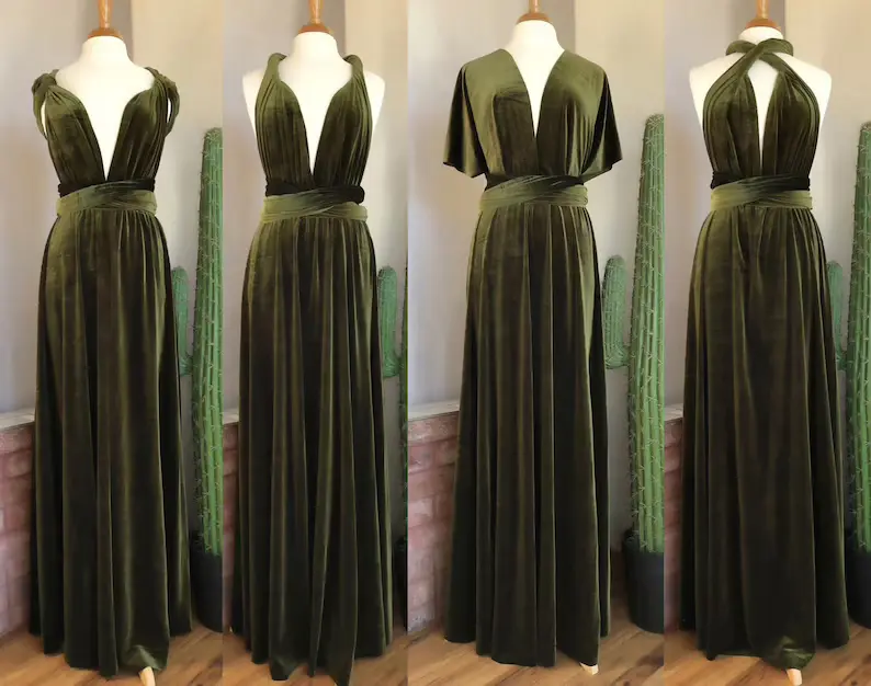 the same velvet olive green dress shown how it can be styled 4 ways with arm twists