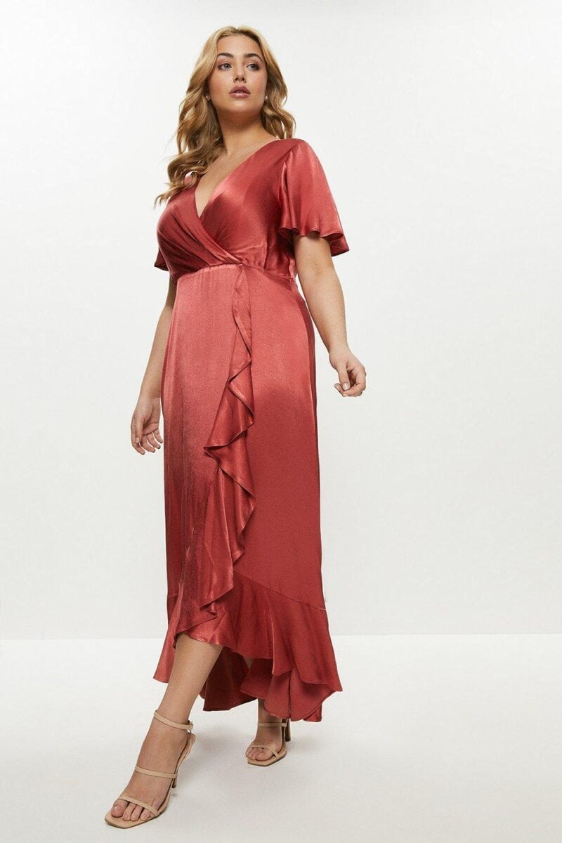 satin maxi dress wrap style copper colour