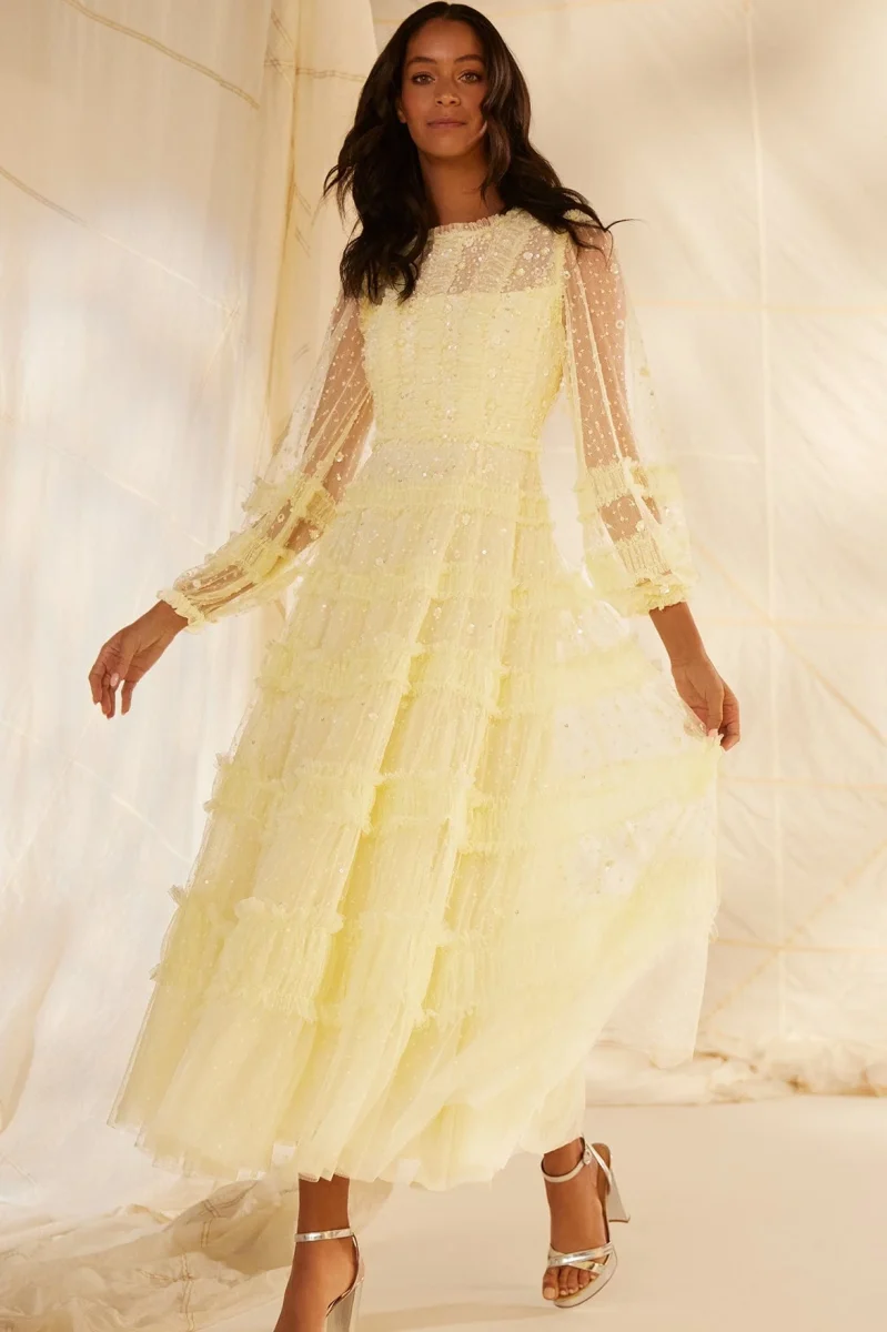 yellow chiffon tiered dress